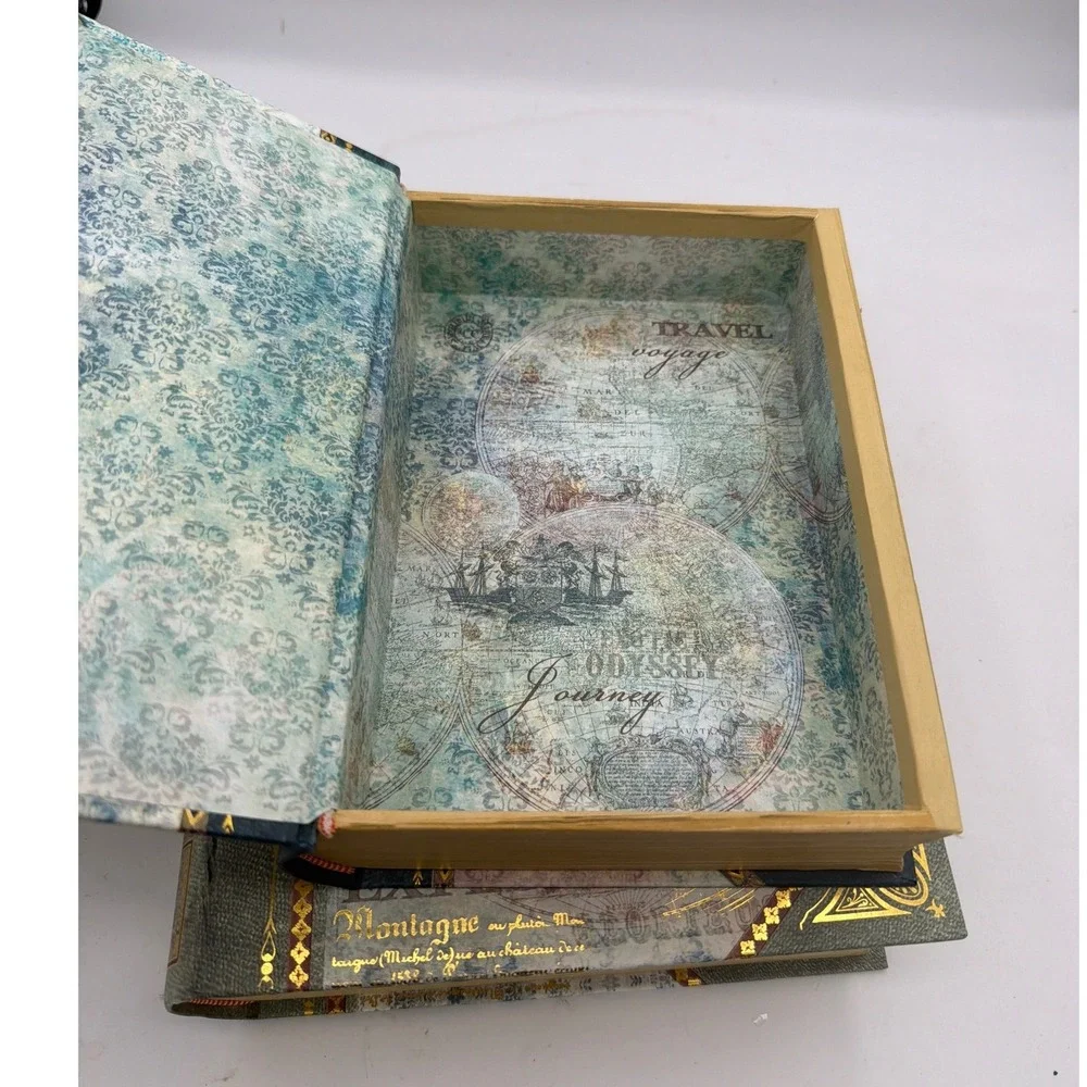 Set of 2 Faux Book Storage Boxes Vintage World Map Decorative Secret Stash Books